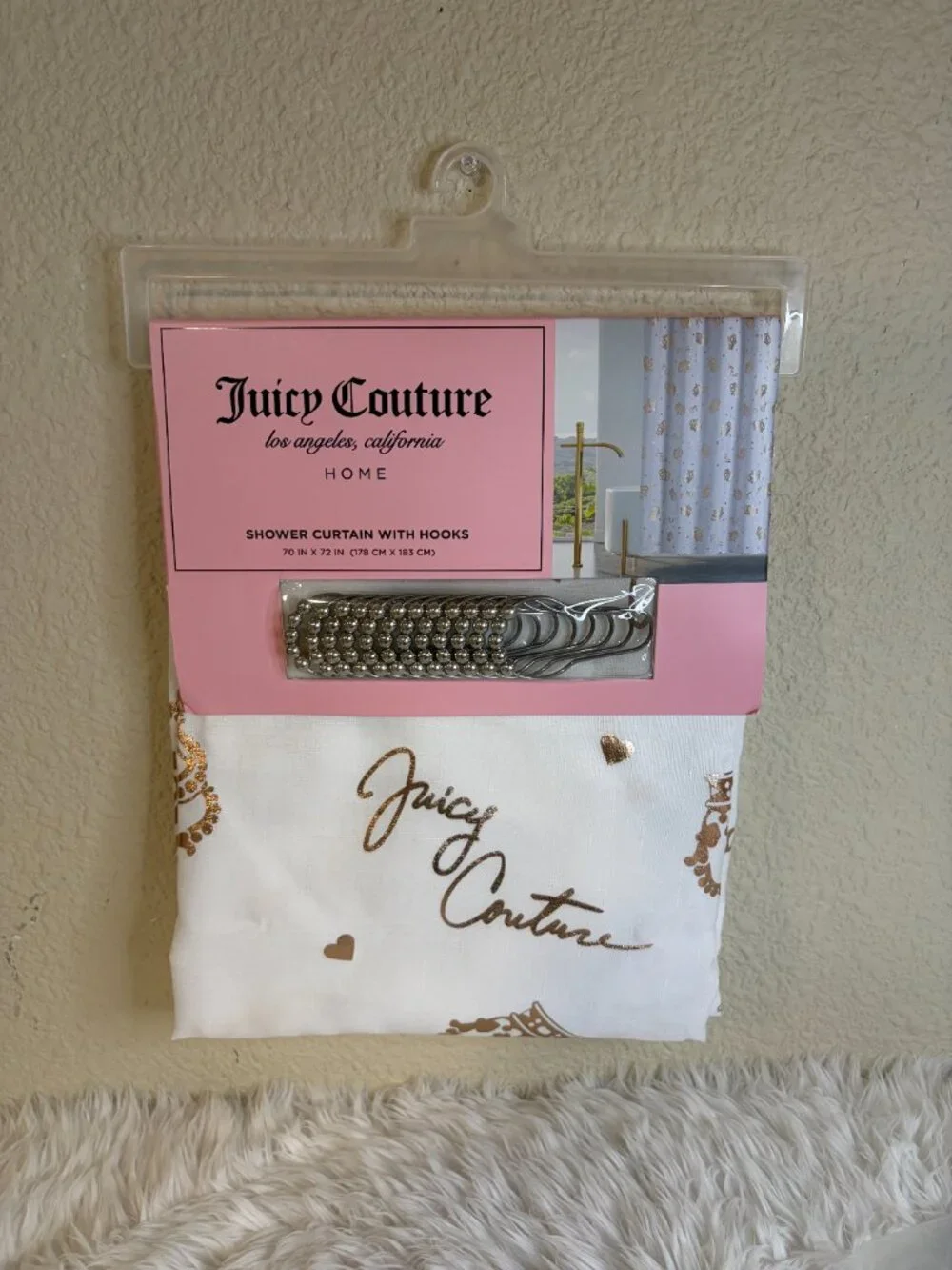 Juicy Couture Crown Heart Shower Curtain Rose Gold Hooks 70x72 NWT